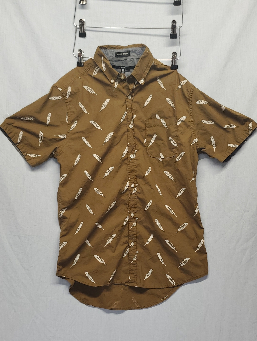 Carbon Short-Sleeve Feather Print Button Down Shirt Brown with White Print #225